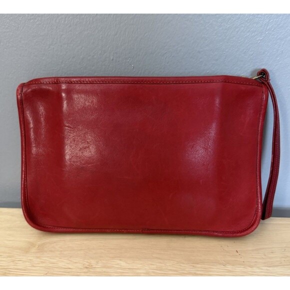 Coach Handbags - 70s Coach Vintage Cherry Red Leather NYC Zip Clutch Portfolio w/ Wristlet 9917